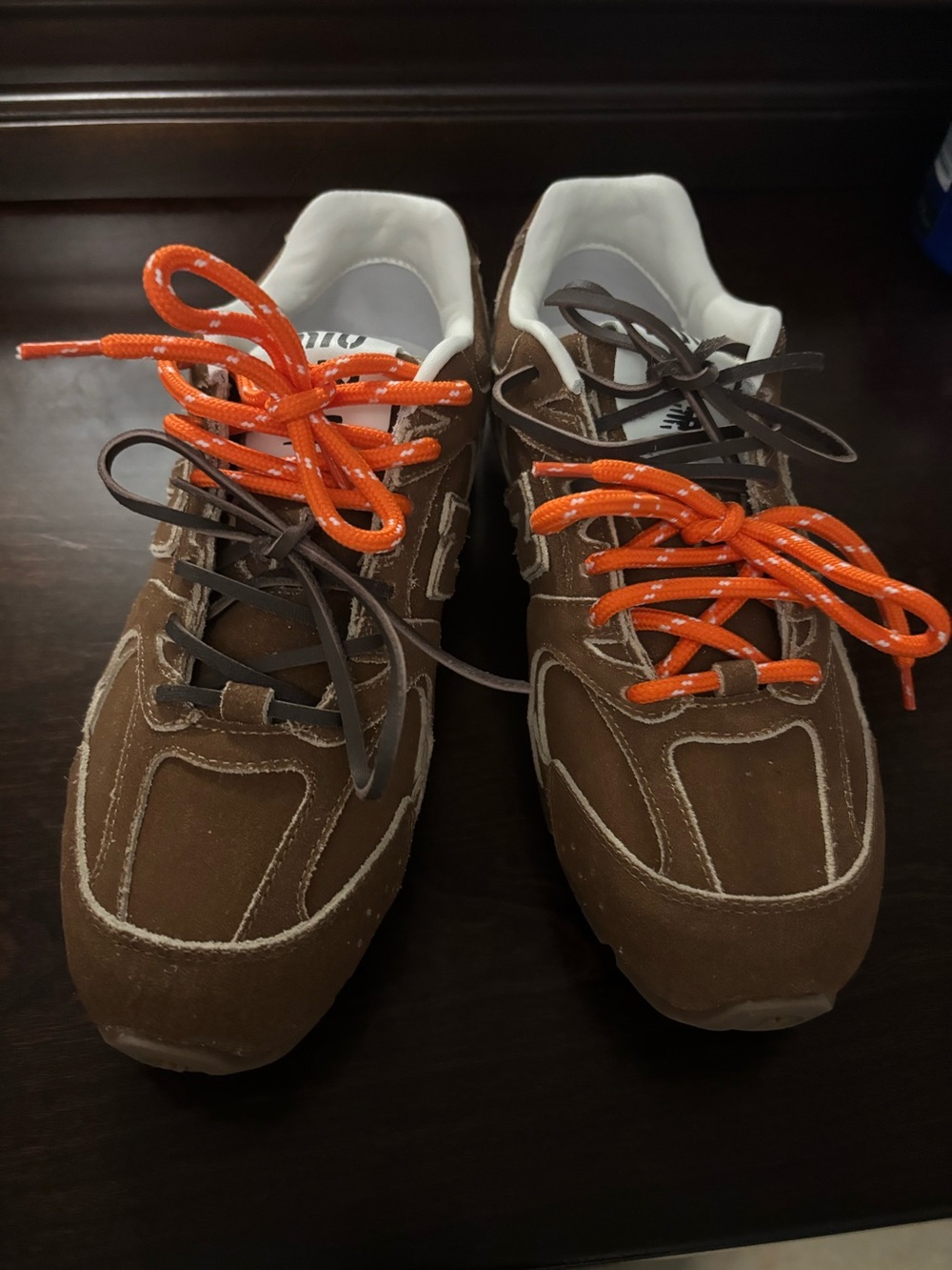 Brown suede sneakers. Size 8 double laces leather and orange New without tags